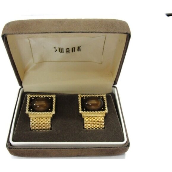 Swank Tiger Eye Cufflinks Mesh Set Gold Tone Wedding Tux Vintage IOB - Picture 2 of 16